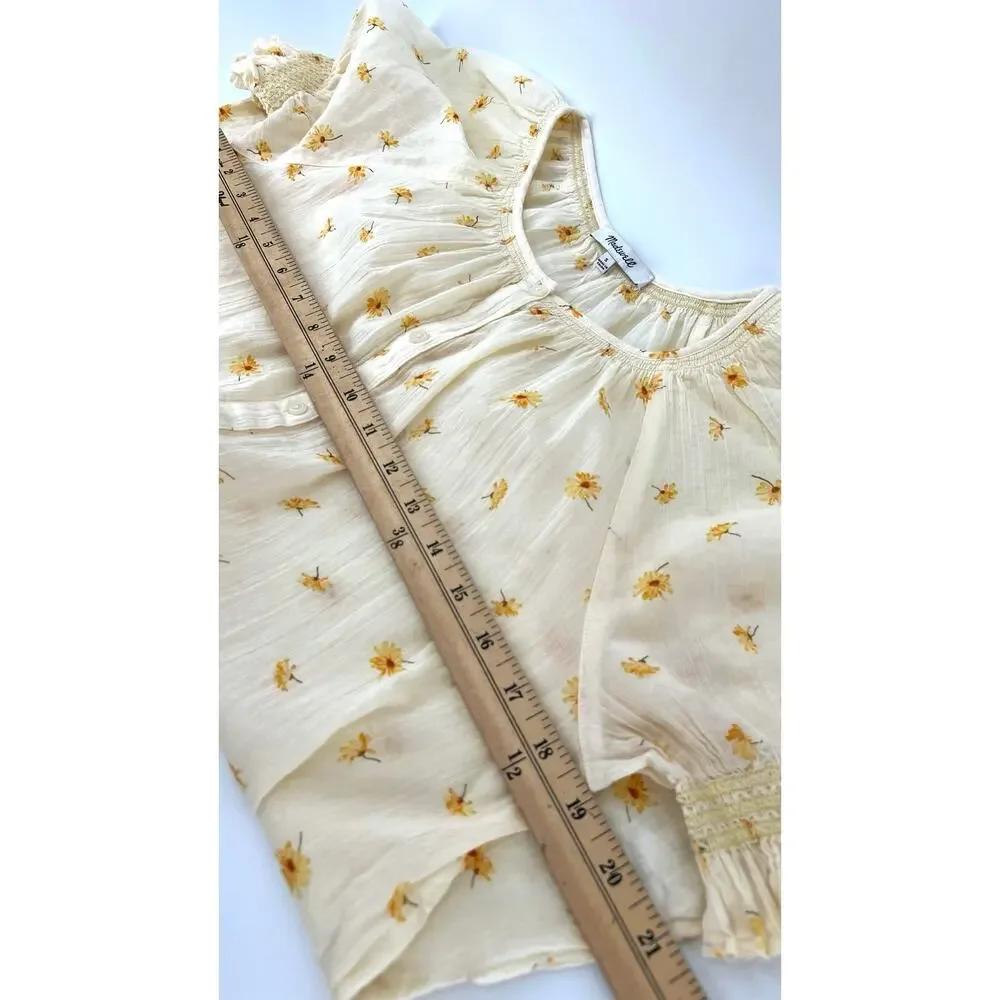 Madewell French Daisies Smocked Cotton Button Up Peasant Top Blouse Size S